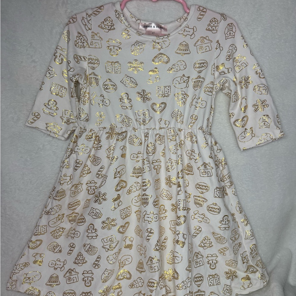 Emma and Elsa White and Gold Christmas Symbols Toddler 4T Dress
